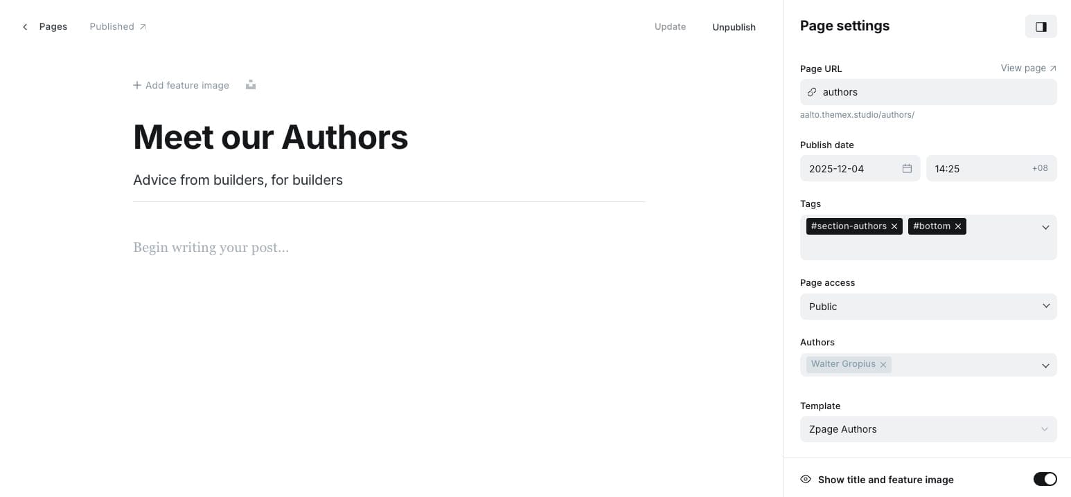 Authors section settings