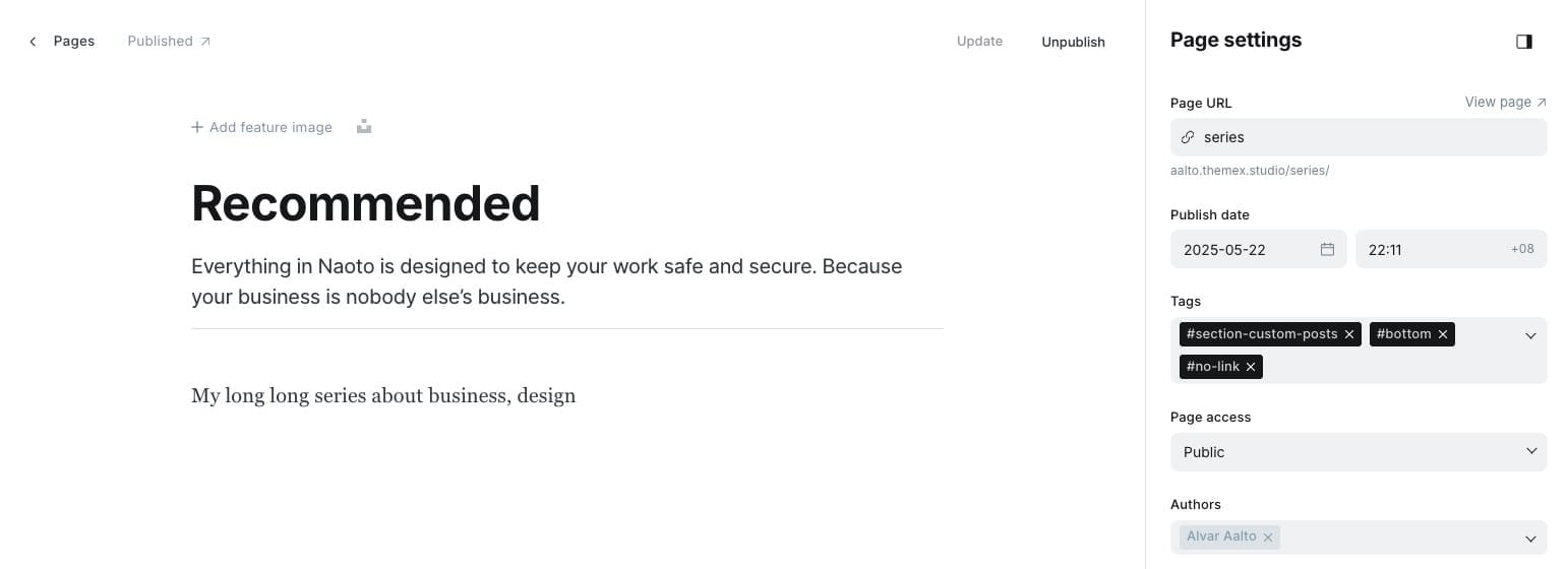 Custom posts settings