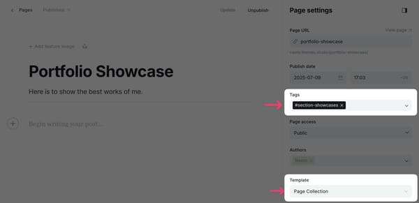 Showcase section settings page 1